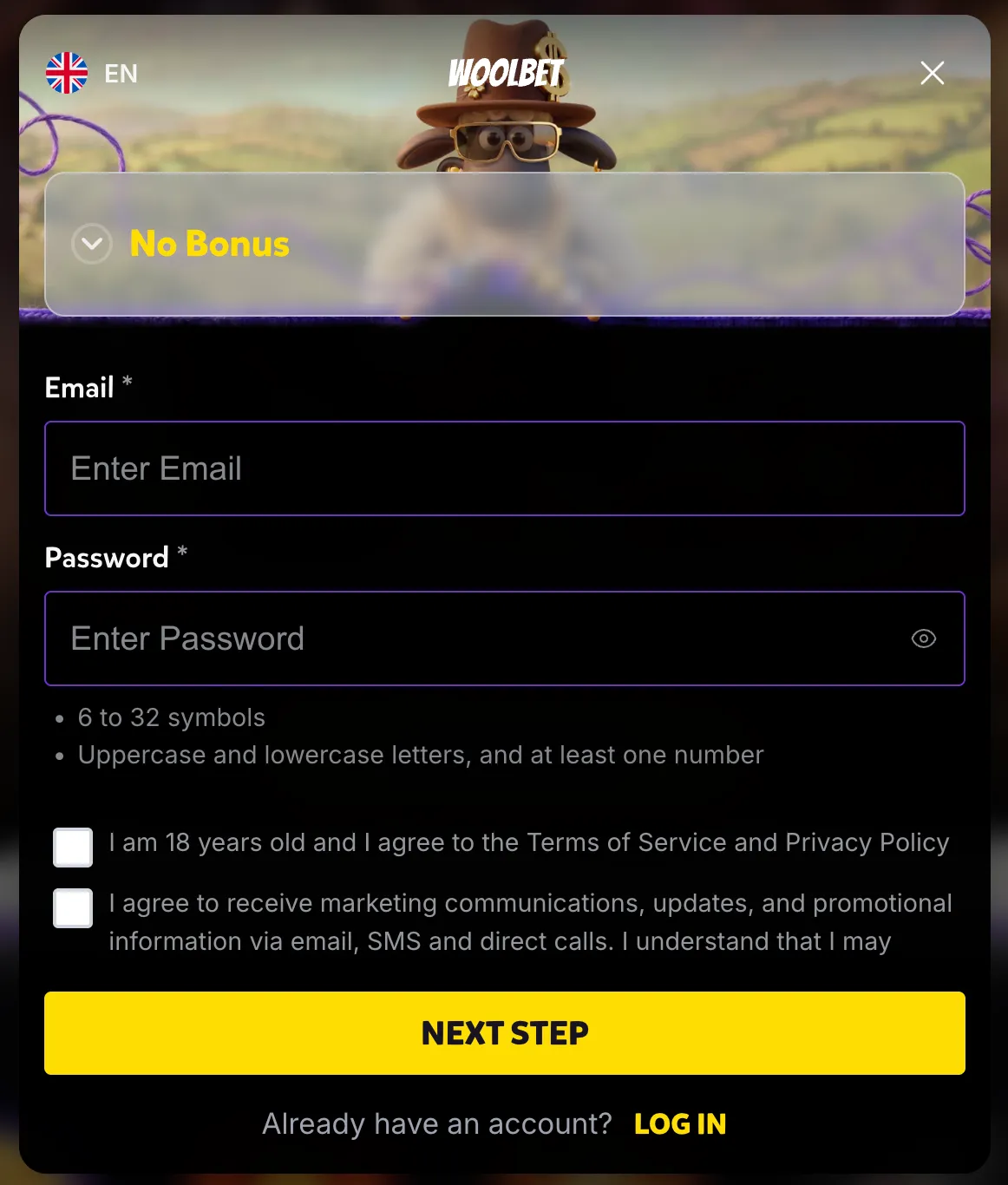 Woolbet Casino account registration and sign-up form